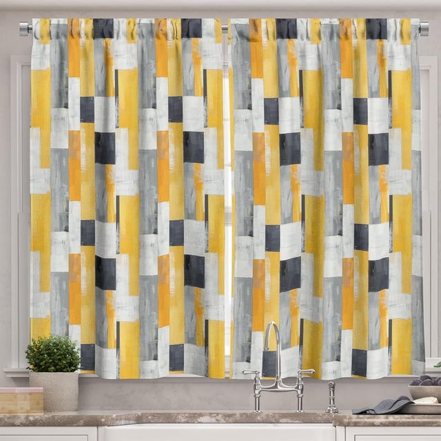 Abstract Kitchen Curtains, Contemporary Watercolor Brushstroke Print Parallel Geometric Shapes, Window Drapes 2 Panel Set for Kitchen Cafe Decor, 55" x 36", Amber White Charcoal Grey