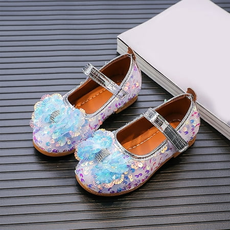 

ZMHEGW Children Shoes Autumn Girls Casual Flat Lightweight Sequins Bow Cute Shiny Dress