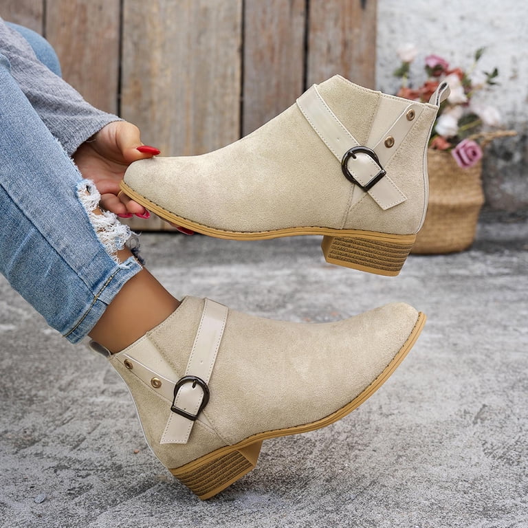 Slouphy Ynynloco Women's Ankle Calf Boots Suede Round Toe Comfort Low Heel ...