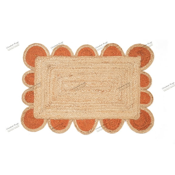 Area Rug Natural Fiber Jute Hand Braided Rug Orange Scalloped Pattern Rug