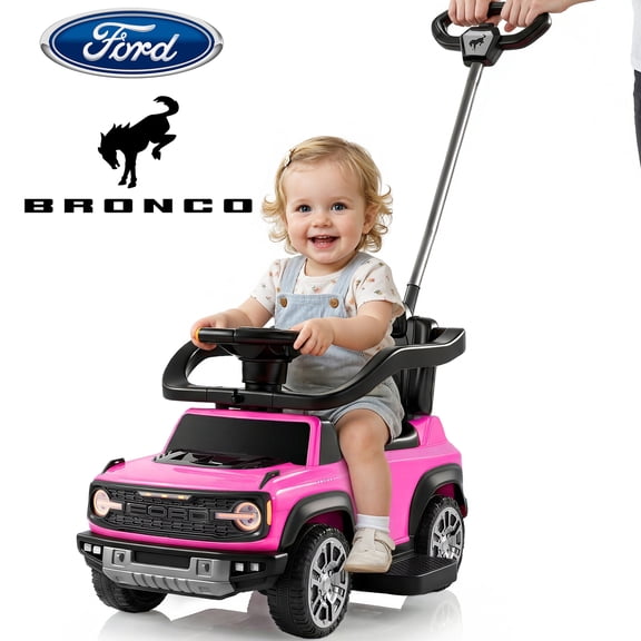 3 in 1 Push Car for Toddlers 1โ3, Licensed Ford Bronco Ride On Car with Parent Steering Handle, Steering Wheel, Removable Guardrail & Footrest, Music, Horn, Under Seat Storage, Silent Wheels, Pink