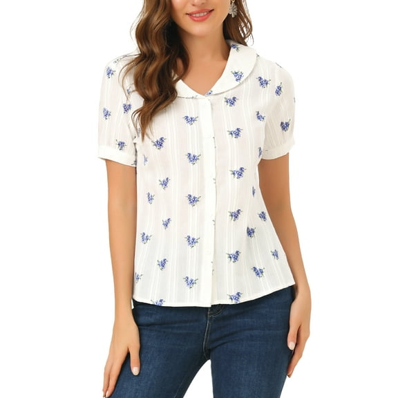 Allegra K Women's Peter Pan Collar Semi Sheer Tops Button Front Floral Shirt