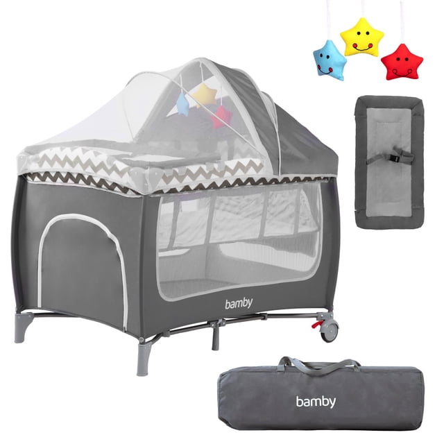 Cuna Corralito para Bebé Color Gris Portátil con Cambiador Mosquitero Colchoneta Freno Seguridad