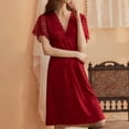 thumbnail image 3 of Defitshape Women's Satin Nightgown Summer Lace Flutter Short Sleeve Midi Pajama Dress Sexy Silky Sleep Shirt Deep V Neck Frilly Cutout Nighty Sleepwear Burgundy 4-6, 3 of 4
