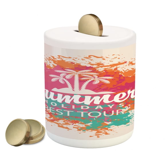Saying Piggy Bank, Summer Holidays Best Tour Lettering Palm Tree Island Rainbow Colored Image Print, Ceramic Coin Bank Money Box for Cash Saving, 3.6" X 3.2", Multicolor, by Ambesonne