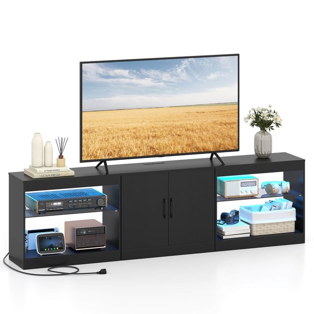 Costway TV Stand with Power Outlets Adjustable LED Lights Storage Cabinet for TVs up to 85" Black
