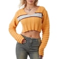 thumbnail image 2 of Faithtur Pull Court en Tricot pour Femmes Manches Longues Col en V Profond Texturé Rayé Pull-Over en Tricot, 2 of 9
