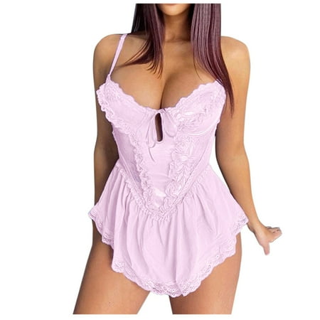 

Knosfe Lace Sleepwear Bodysuit Pajamas for Women One Piece V Neck Lingerie L