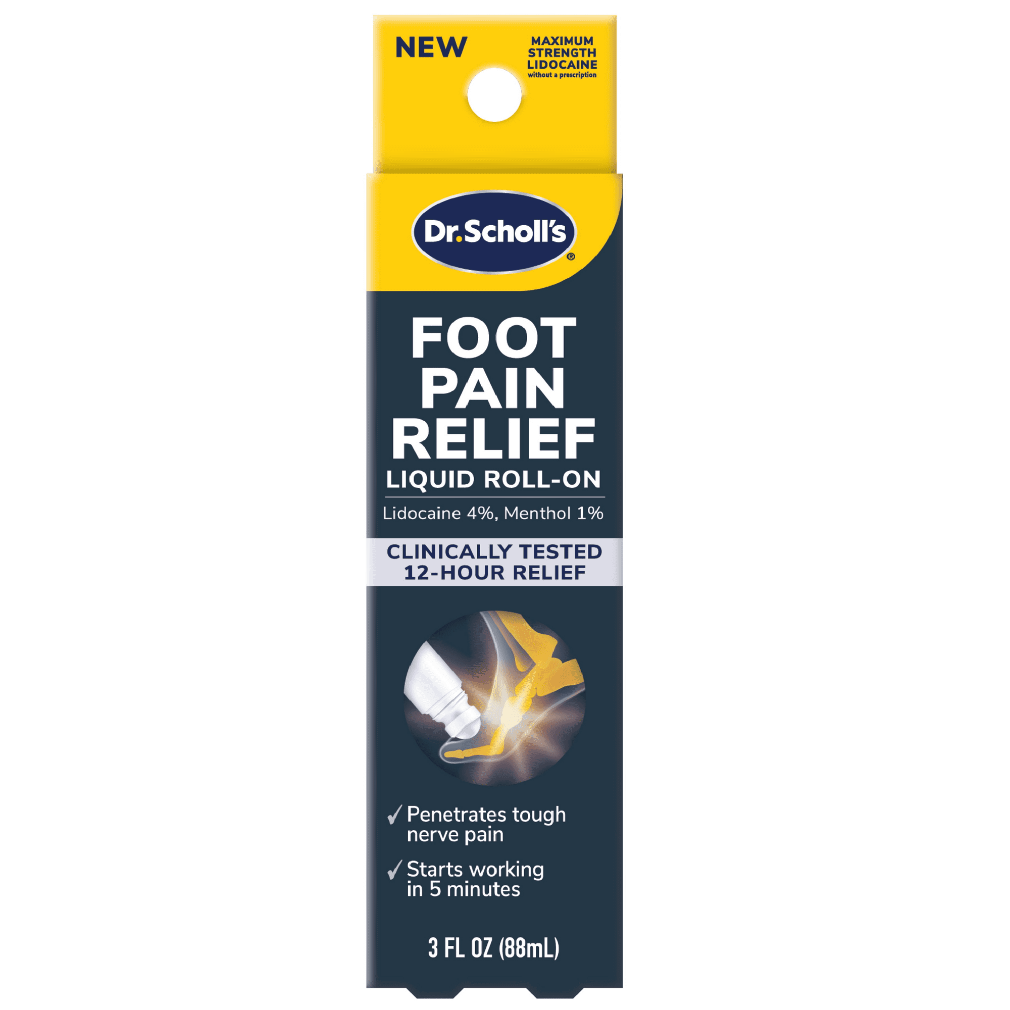 Dr. Scholl's Liquid Roll-On for Foot Pain Relief with Lidocaine and Menthol, 3 oz