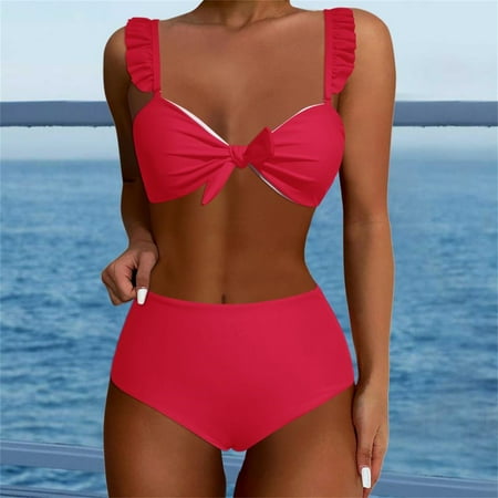 Ovticza Womens High Waisted Bikini Sets Ruffle Cheeky Tummy Control Full Coverage Push Up Solid Two Piece Swimsuits Red M