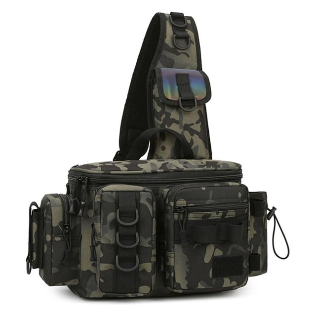 Tignapoo Sac de Pêche Multifonctionnel Camouflage - Nylon 600D Résistant à l'Eau, Bandoulière Réglable, Multiples Poches de Rangement, Fermetures Éclair Durables, Idéal pour l'Extérieur et les Voyages