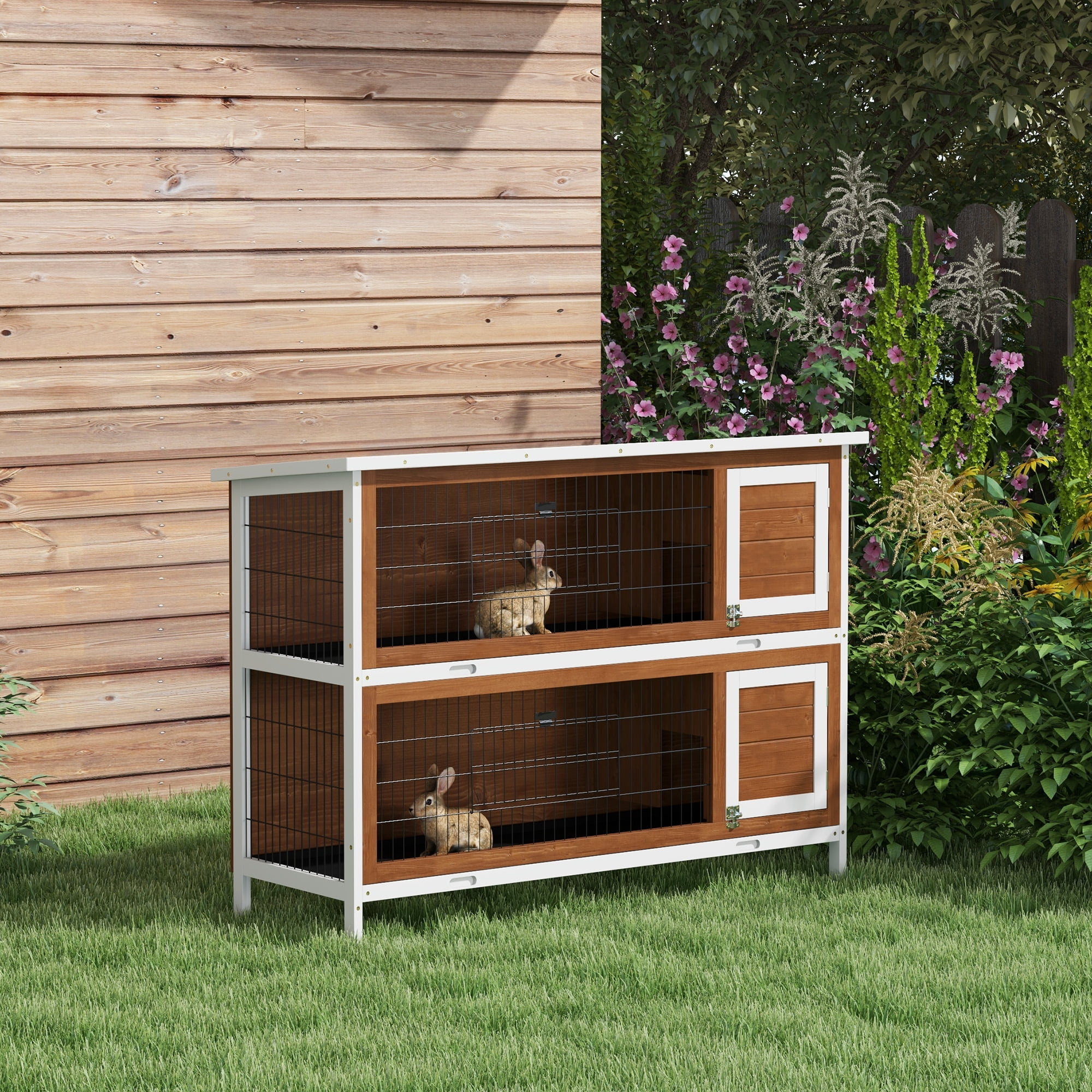 54" 2-Story Large Rabbit Hutch Bunny Cage Wooden Pet House Small Animal Habitat with Lockable Doors, No Leak Tray and Waterproof Roof for Outdoor Indoor, Brown