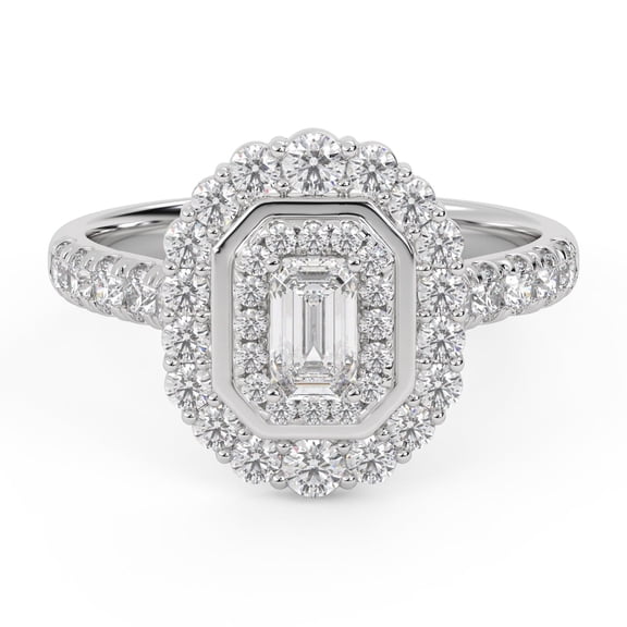 AFFY Double Halo Solitaire Engagement Rings for Women, 1.10 Carat (ctw) Emerald And Round Cut Lab Grown Diamond Ring In 14K White Gold Over 925 Sterling Silver F-G-H, SI Quality Ring Size-4