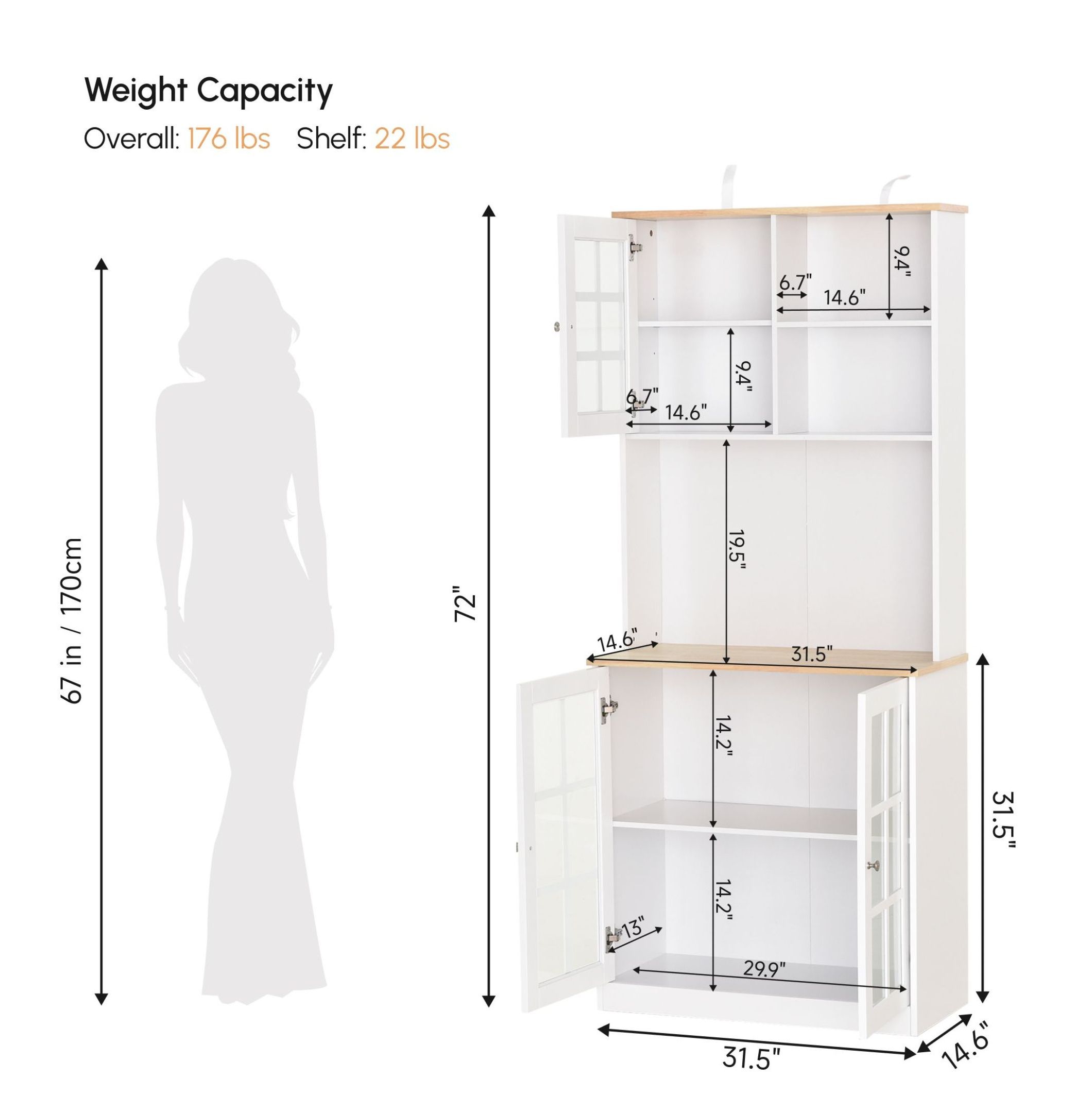 72" Kitchen Pantry Cabinet, Freestanding Storage with Hutch & Glass Doors, White