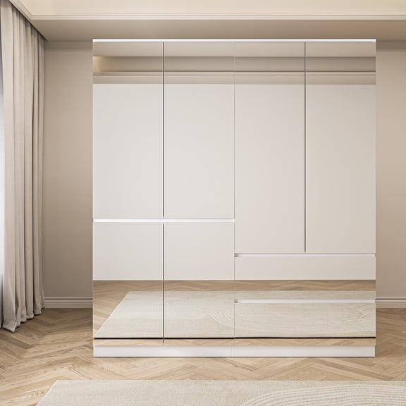 OXYLIFE Wardrobe Closet with Mirrored Door, Armoire Closet Cabinet with Hanging Rod adn 2 Drawers for Bedroom