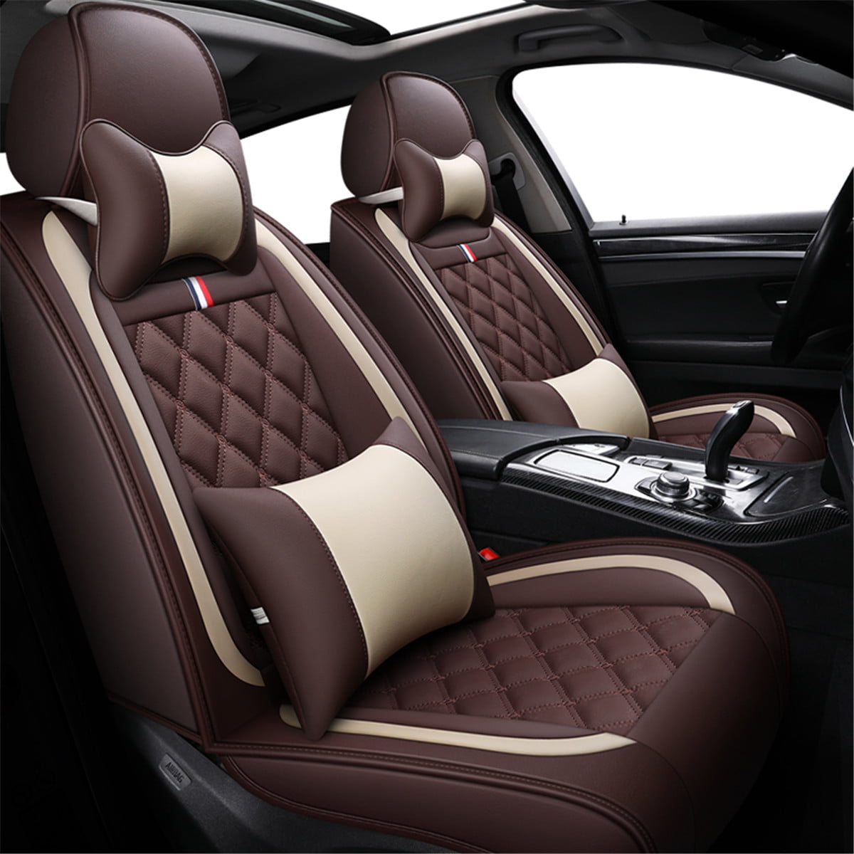 PU Leather Soft Texture 5-seat Car Seat Covers 3 in 1 Rear Row W/Pillow Non-slip 
