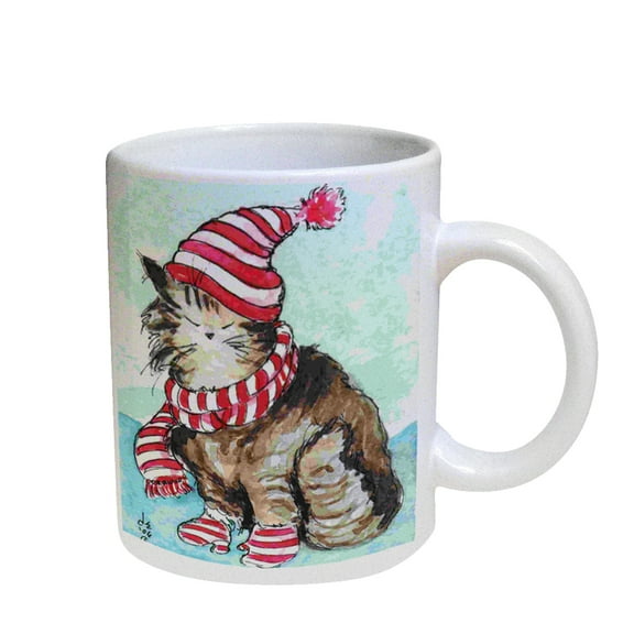 KuzmarK Coffee Cup Mug Pearl Iridescent White - Maine Coon Kitty with Winter Cap and Mittens Cat Art by Denise Every