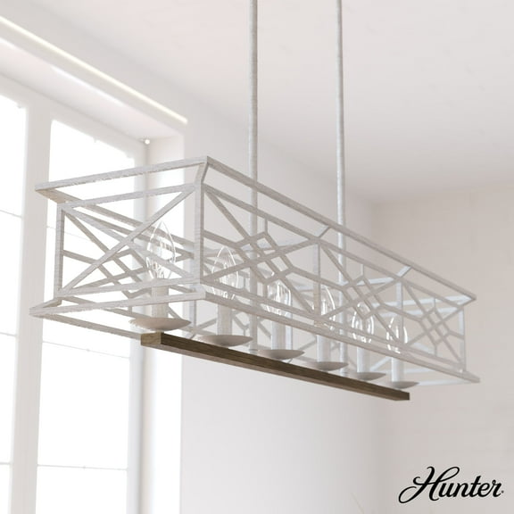 Hunter - Langwood 6-light Distressed White, Extra Large Chandelier, Dimmable, Rustic Style, Linear Shaped, for Bedrooms, Dining, Living Rooms - 19334