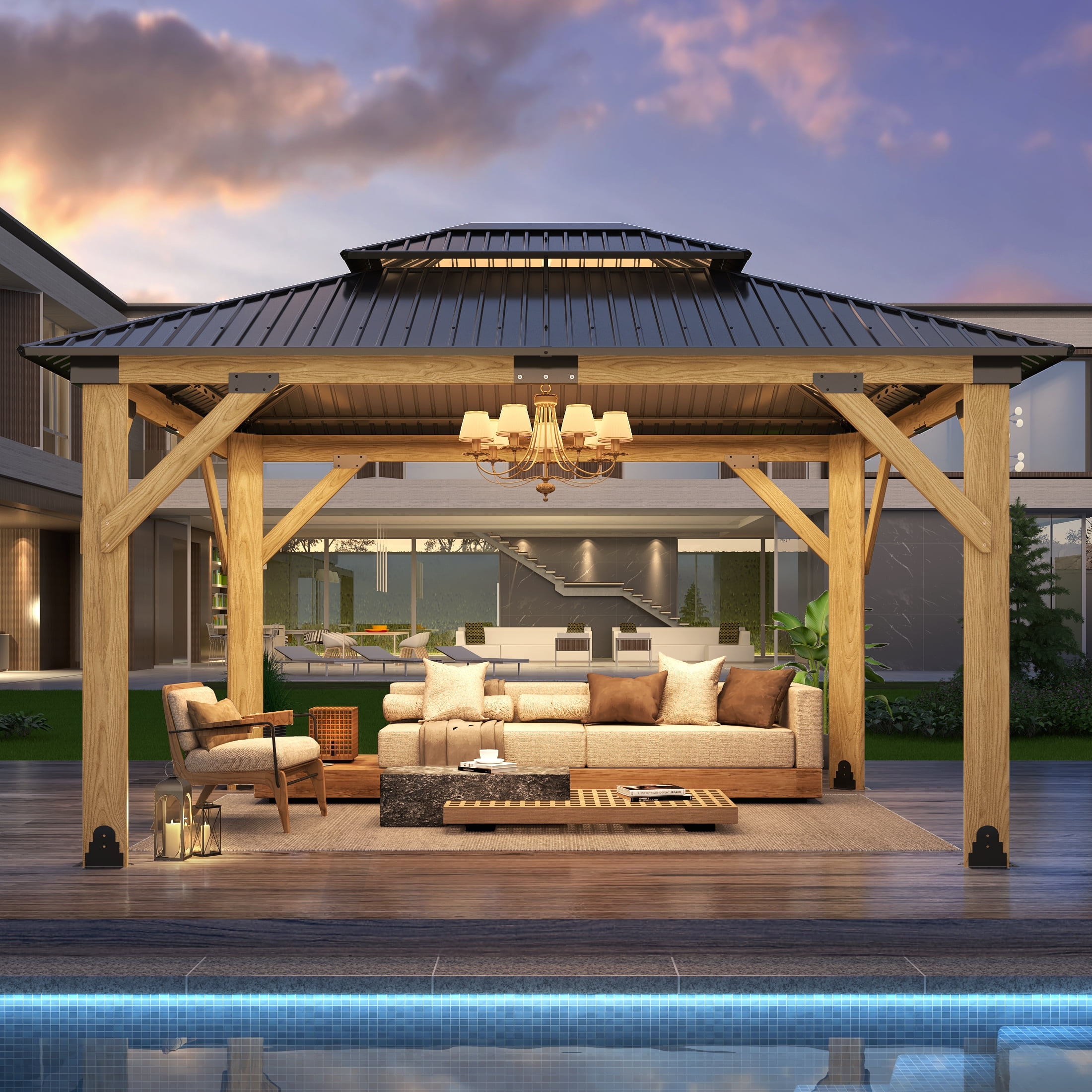 Howsvn 11 x 13 ft. Patio Cedar Wood Hardtop Gazebo, Double Metal Roof Wooden Gazebos for Backyard, Deck, Lawns
