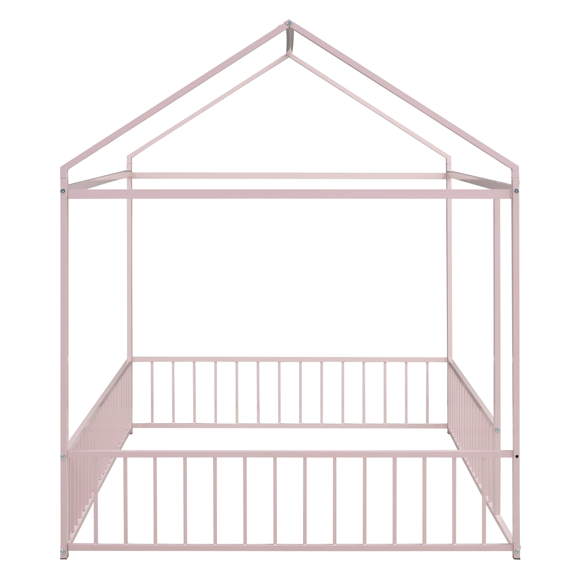 Full Size Montessori Floor Bed, Metal House Bed Frame for Kids, Kids Floor Beds with Fence Guardrails, Playhouse Bed for Kids Boys Girls