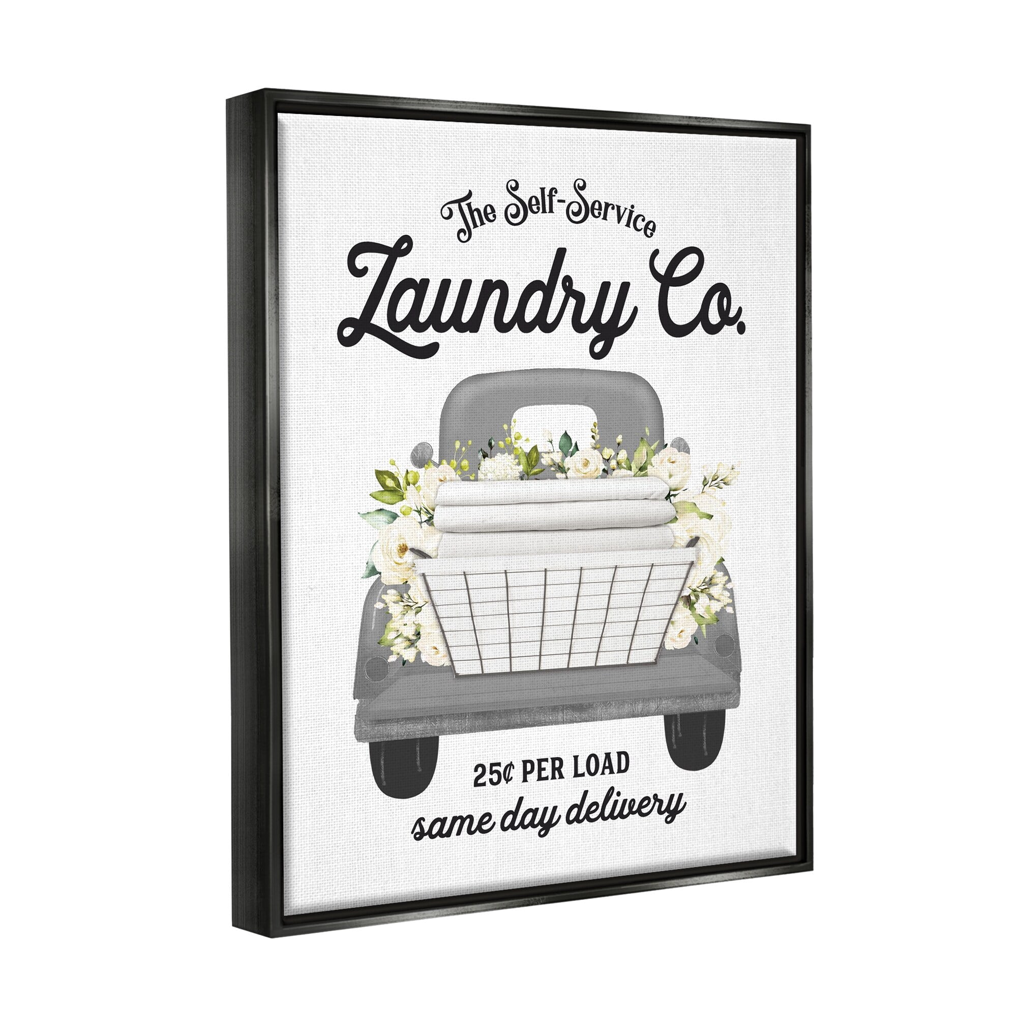 Stupell Industries Antique Laundry Service Truck White Floral Arrangement Graphic Art Jet Black Floating Framed Canvas Print Wall Art, Design by Lettered and Lined