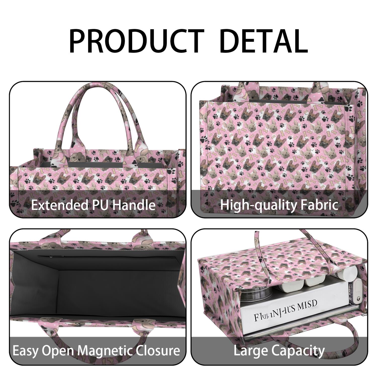 Large Capacity Tote Bag,French Bulldog Cute Bone Paw Print Handbag Fashion Luxury Tote Bag,15.7"x13"x 5.1" Inches,Laptop Compatible