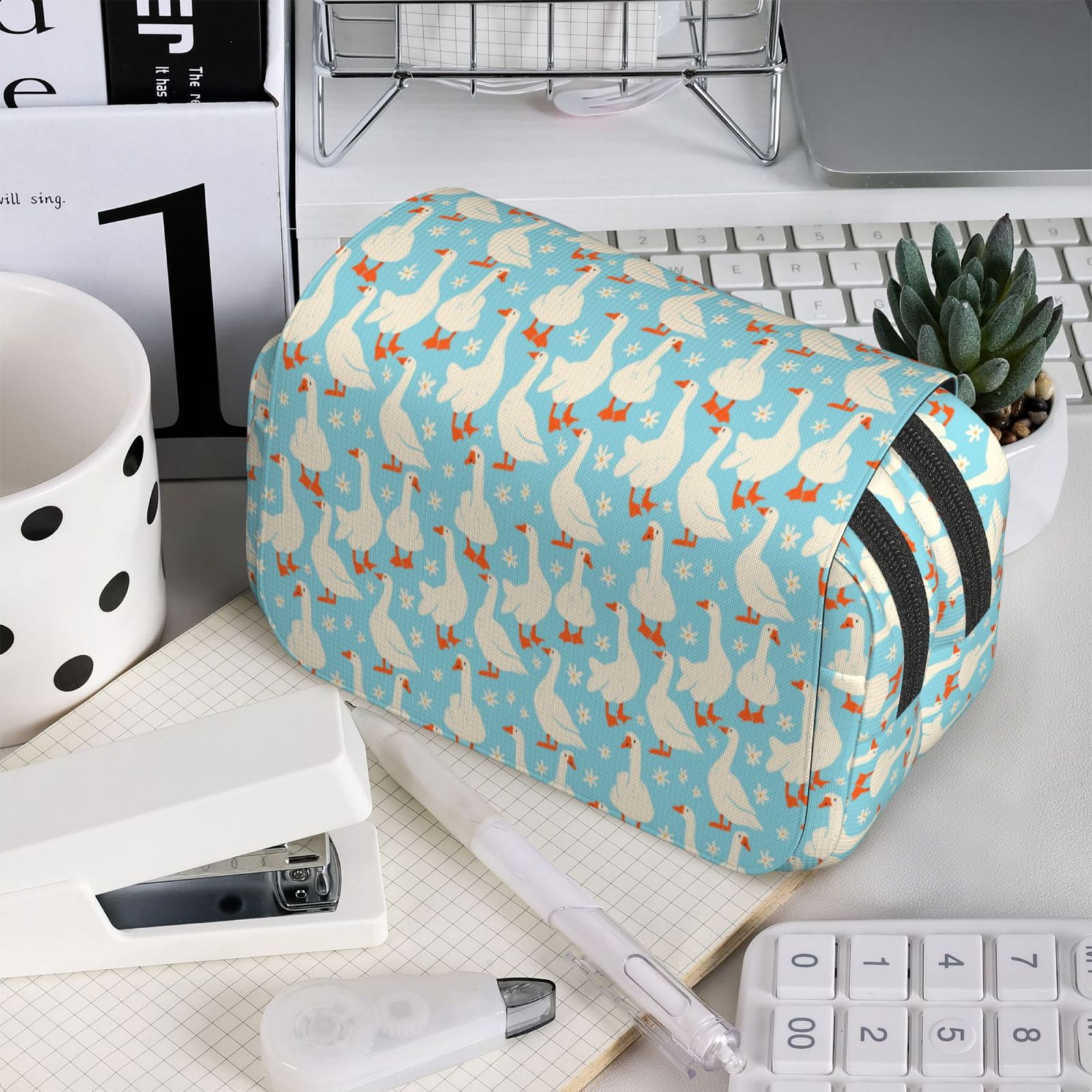 Rateoe White Geese and Flower Pattern Double Clamshell Pen Case, Storage Organizer with Two Zipper Compartments– Holds Up to 50 Pencils & Pens