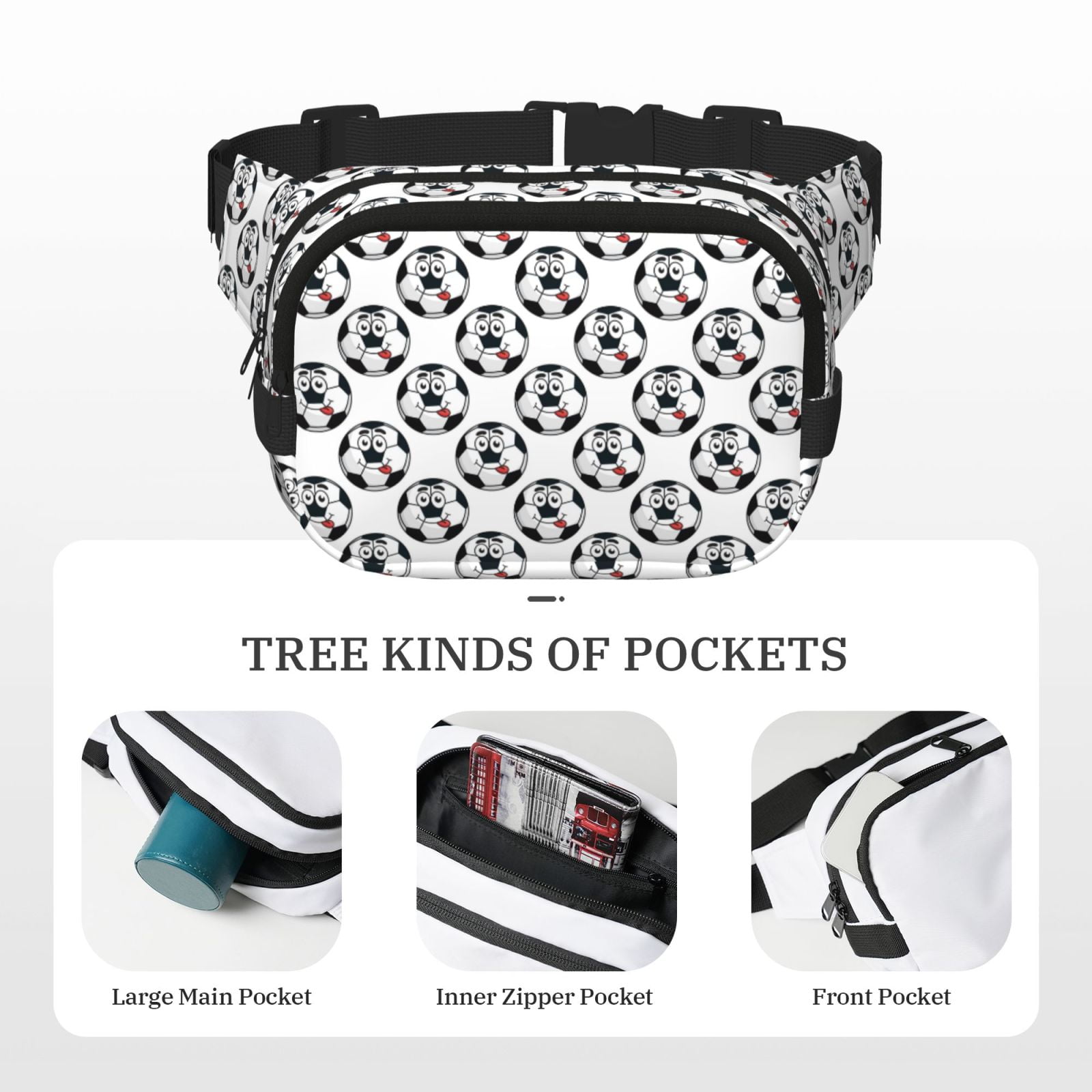 Picia Happy Football Print Square Double-Layer Waist Bag Mini Adjustable Waist Belt Bag Exercise Running Travel Hiking