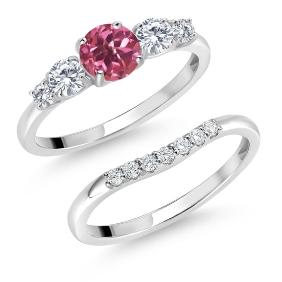 Gem Stone King 10K White Gold Pink Tourmaline White Moissanite and White Lab Grown Diamond 5 Stone Bridal Engagement Wedding Ring Set for Women (0.83 Cttw, Round, Size 6)