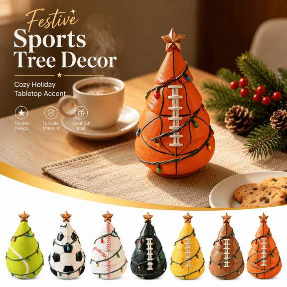 Sports Ball Christmas Tree Figurine, Resin Football Basketball Baseball Soccer and Tennis Tabletop Decoration, Mini Holiday Tree Accent for Home Office Mantel Shelf Party Decor, B