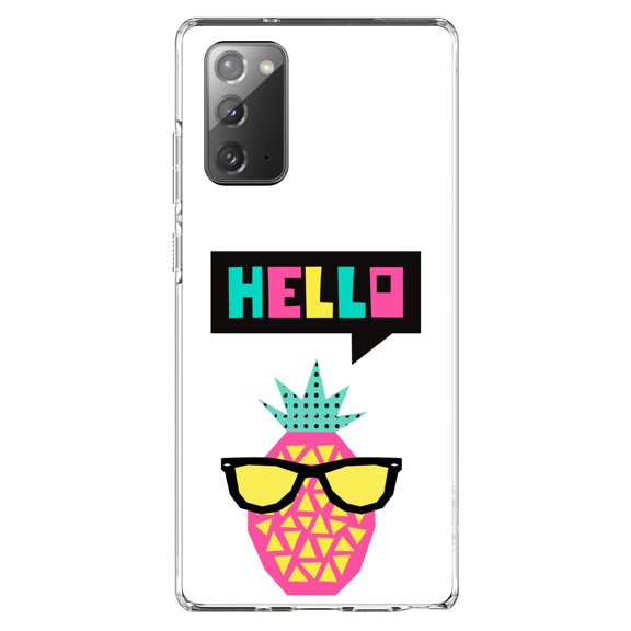 DistinctInk Clear Shockproof Hybrid Case for Samsung Galaxy Note 20 (6.7" Screen) - TPU Bumper, Acrylic Back, Tempered Glass Screen Protector - Summer Graphics - Hello Cartoon Pineapple