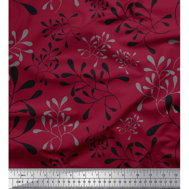Soimoi Red polyester Crepe Fabric Artistic Leaves Decor Fabric Printed Yard 42 Inch Wide