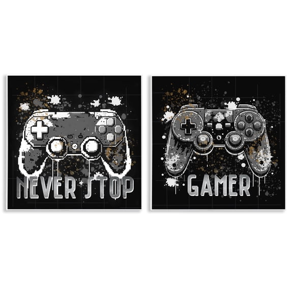 Stupell Industries Never Stop Modern Gamer Entertainment Painting Unframed Art Print Wall Art, 12 x 12, Set of 2
