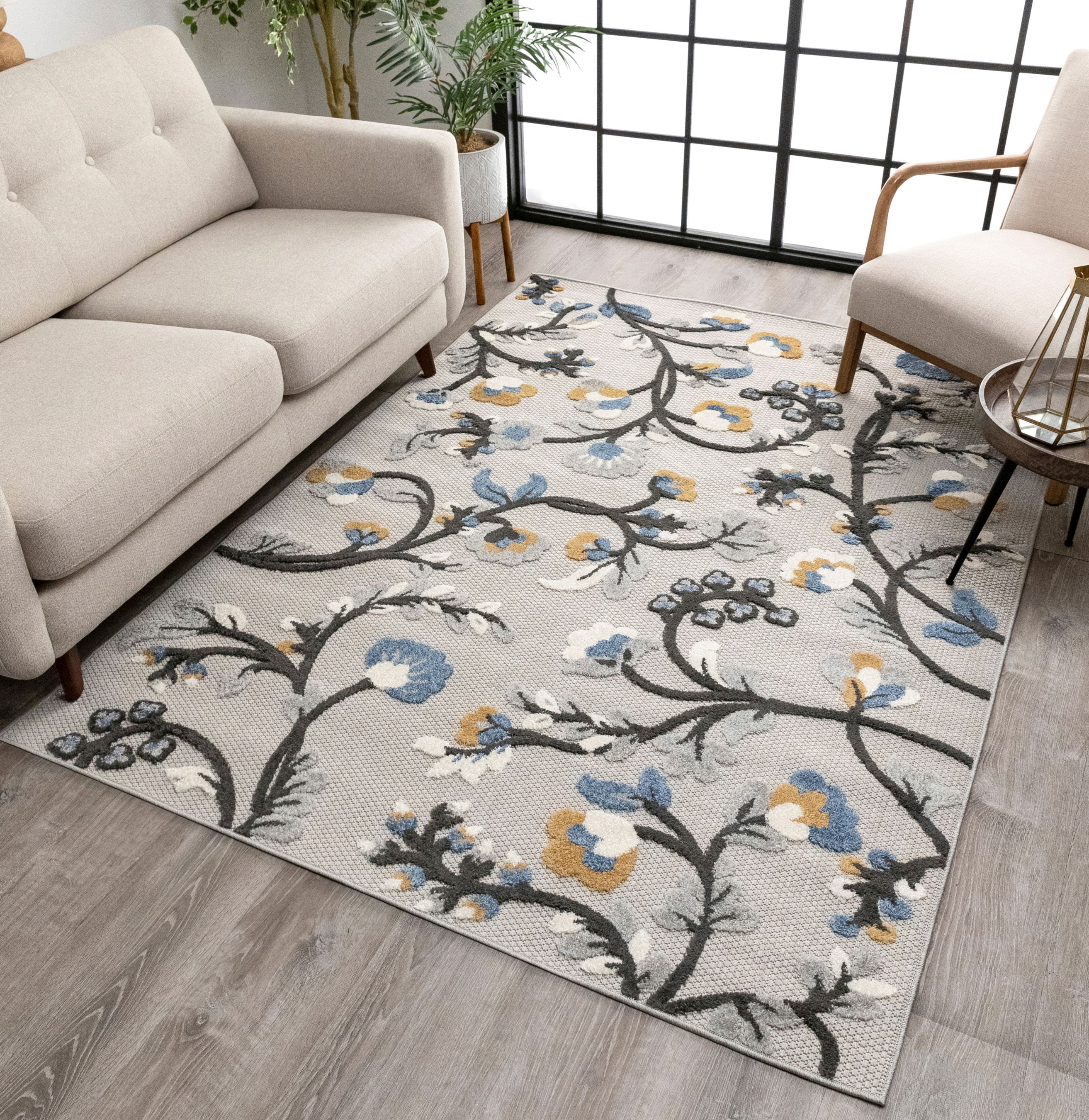 Well Woven Darla Floral Grey Indoor/Outdoor Area Rug High Traffic Stain