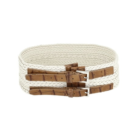 Double Sash - Lady 8cm Width Double Single Pin Buckle Adjustable Beige Braided Waistband Belt