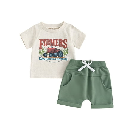 

Caitzr Newborn Baby Boy Summer Outfits Rustic Tractor Print Short Sleeves T-Shirt Elastic Waist Shorts 2 Piece Vacation Clothes Set