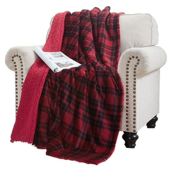 Elle Home Plush Sherpa Throw Blanket - Reversible Flannel Fleece, Silky Soft, Soft and Cozy, Blanket for Bed and Couch - Railroad Plaid Red - Size 50" x 70"