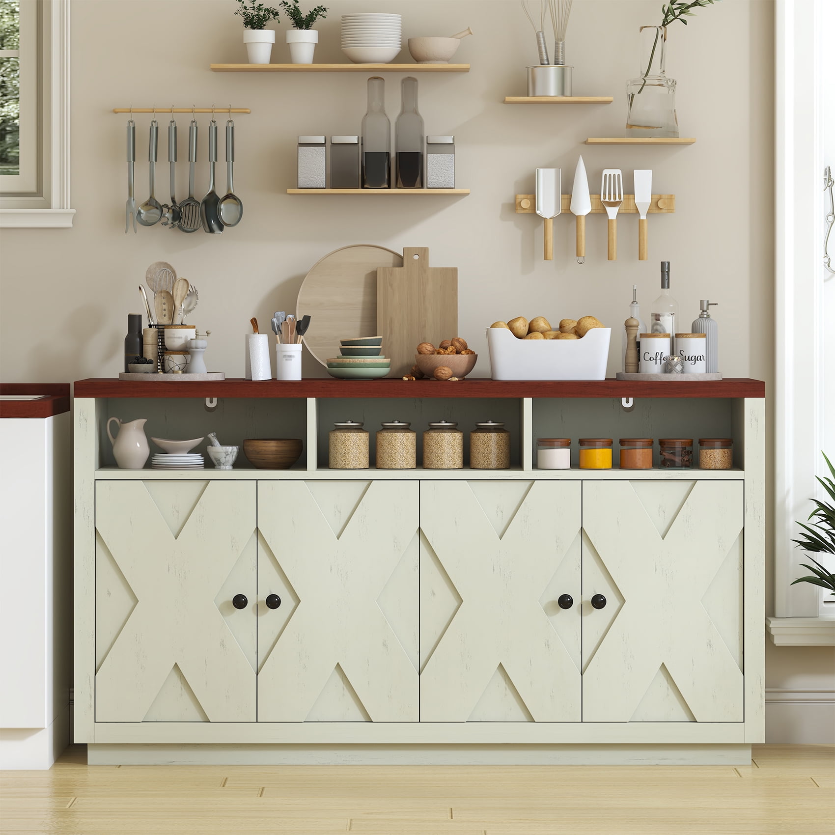 HAUXITIO 60" Farmhouse Buffet Cabinet with 4 Doors & Open Shelves,Kitchen Storage Sideboard for Dining Room & Living Room,Beige