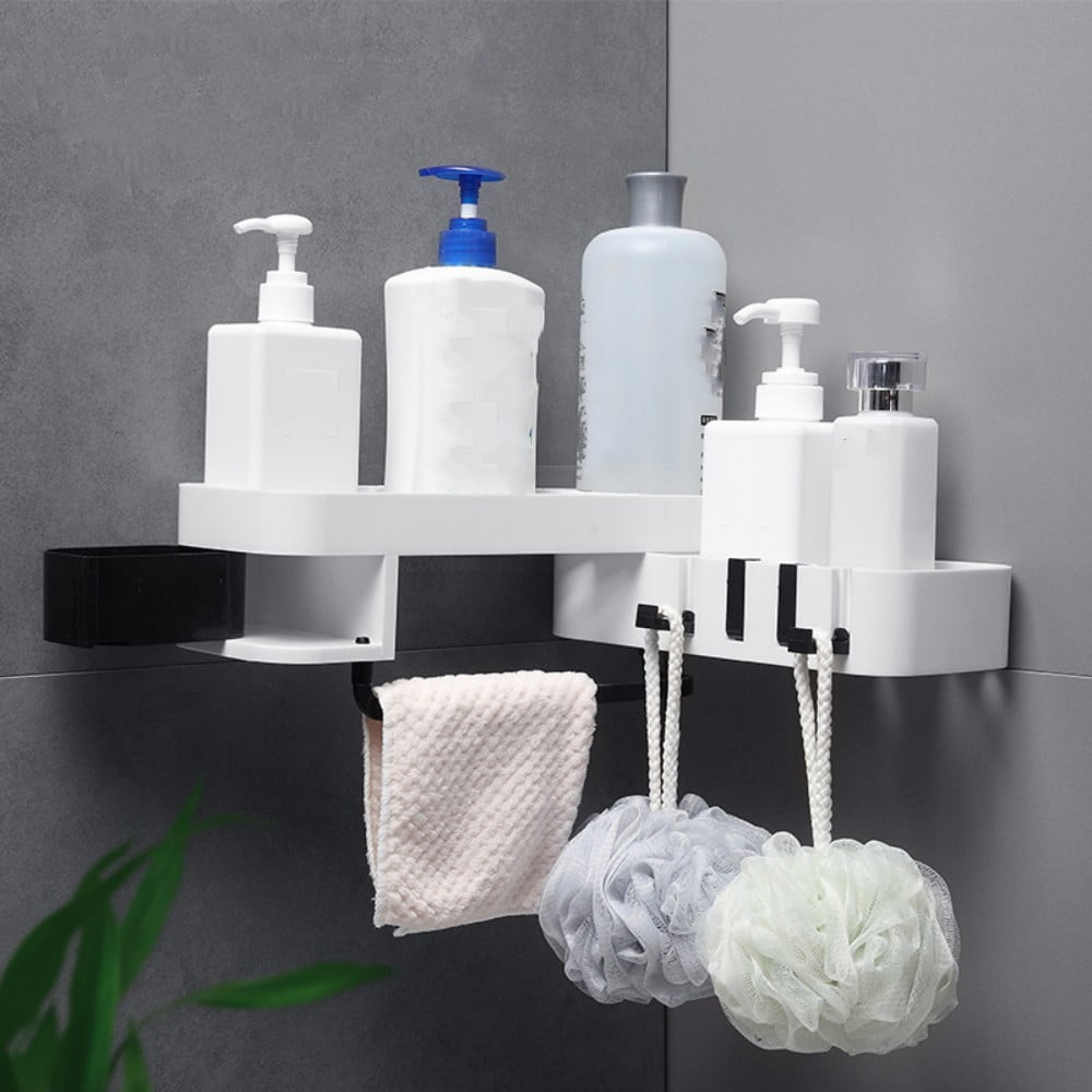 Happon Wall Mounted Bathroom Corner Shelves Rotating Shower Caddy Self  Adhesive Shampoo Holder Plastic Storage Rack with Hidden Hooks Black 
