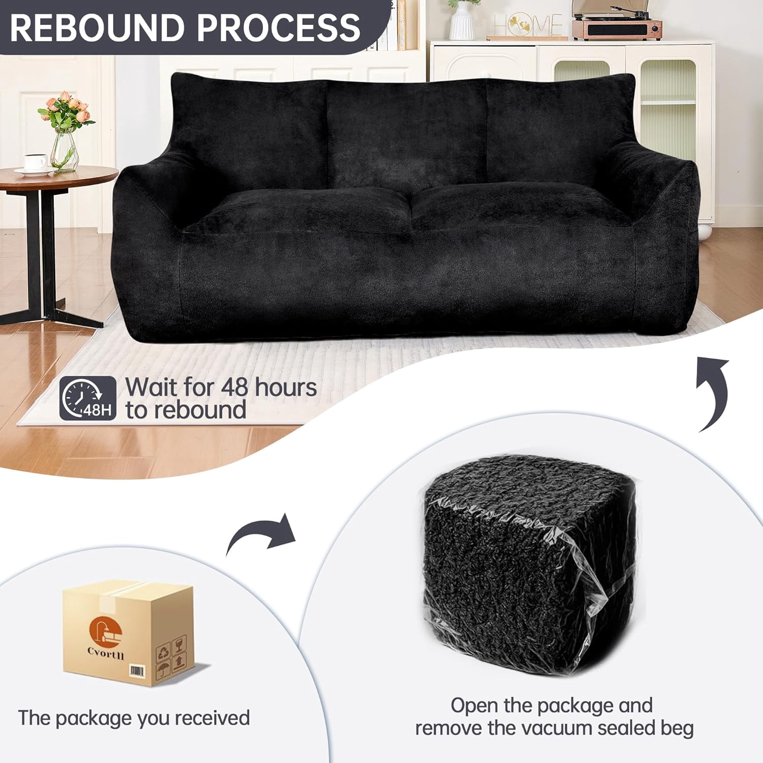 LinkRomat Faux Fur Loveseat, Oversized 2-Seater Sofa with High-Density Foam, for Living Room & Bedroom, No Assembly Required, Black