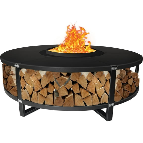 FEBTECH 21.6" Smokeless Fire Pit with Round Tabletop & Firewood Storage Shelf for Outside Gathering