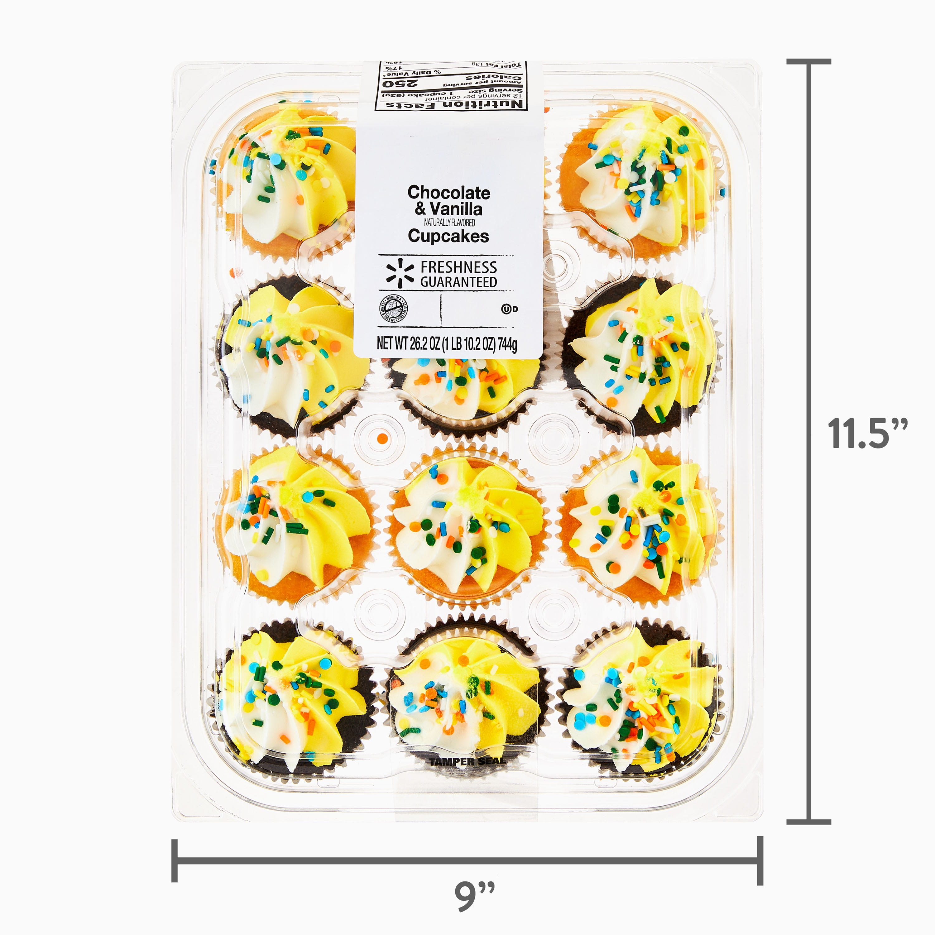 Freshness Guaranteed Chocolate and Vanilla Cupcakes with Yellow and White Icing and Sprinkles, 26.2 oz, 12 Count