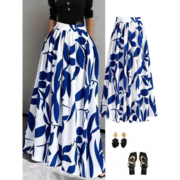 Womens Blue And White Leaf Print High Waist A-Line Maxi Skirt, Flowing Summer Holiday Skirt
