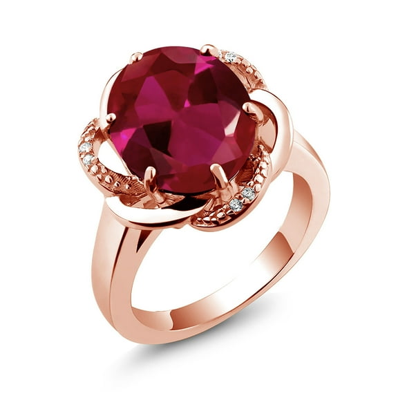 Gem Stone King 18K Rose Gold Plated Silver Red Created Ruby Engagement Ring for Women (5.07 Cttw, Gemstone July Birthstone, Oval 12X10MM, Size 5)
