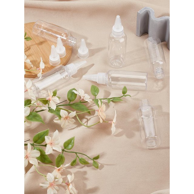 6 botellas de plástico vacías con tapa de boca puntiaguda, pequeñas botellas transparentes para dispensar.