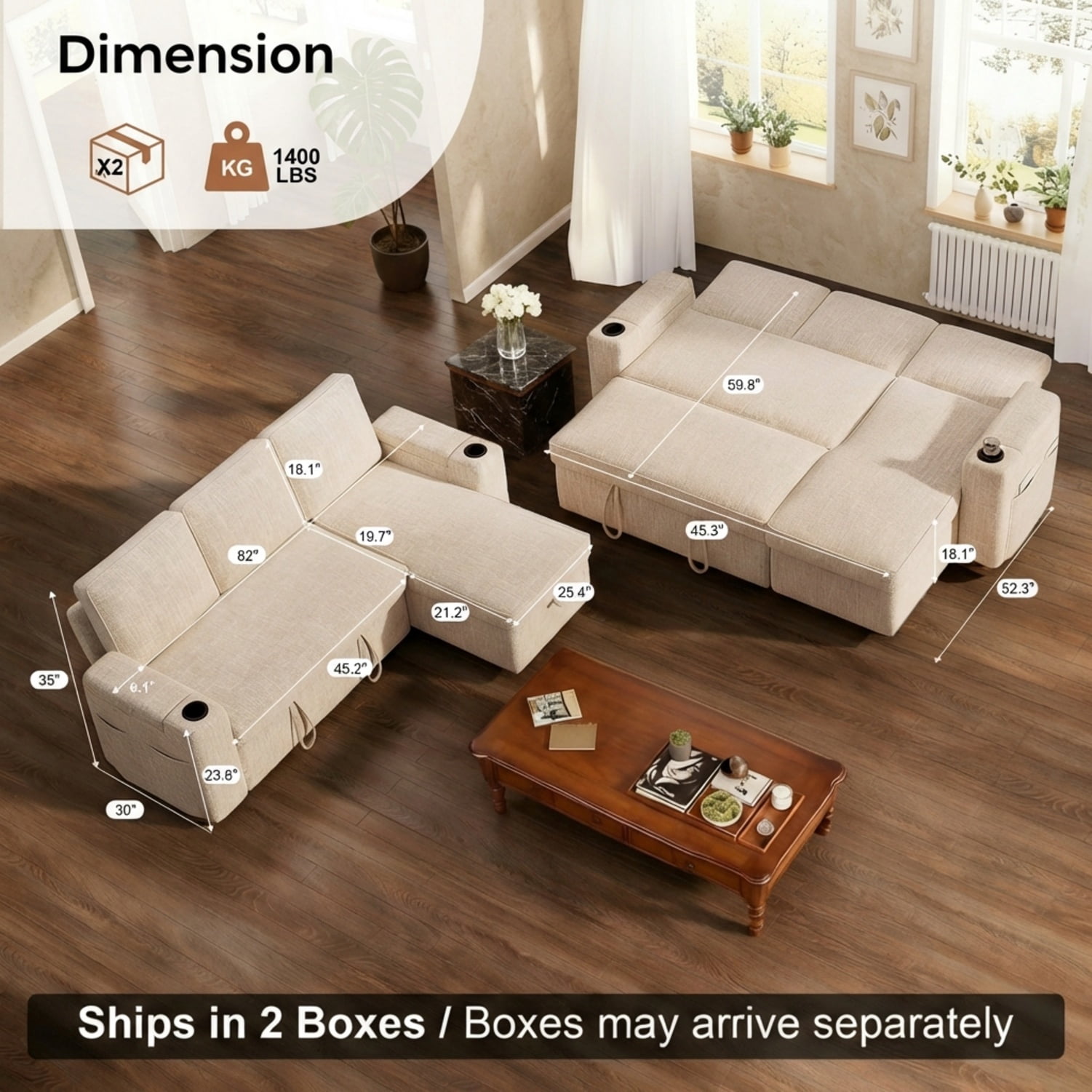 82" Sleeper Sofa Bed with Pull Out Couch, L-Shaped Sectional Sofa with Reversible Storage Chaise, Cup Holders & Side Pockets, Premium Chenille Fabric, Beige