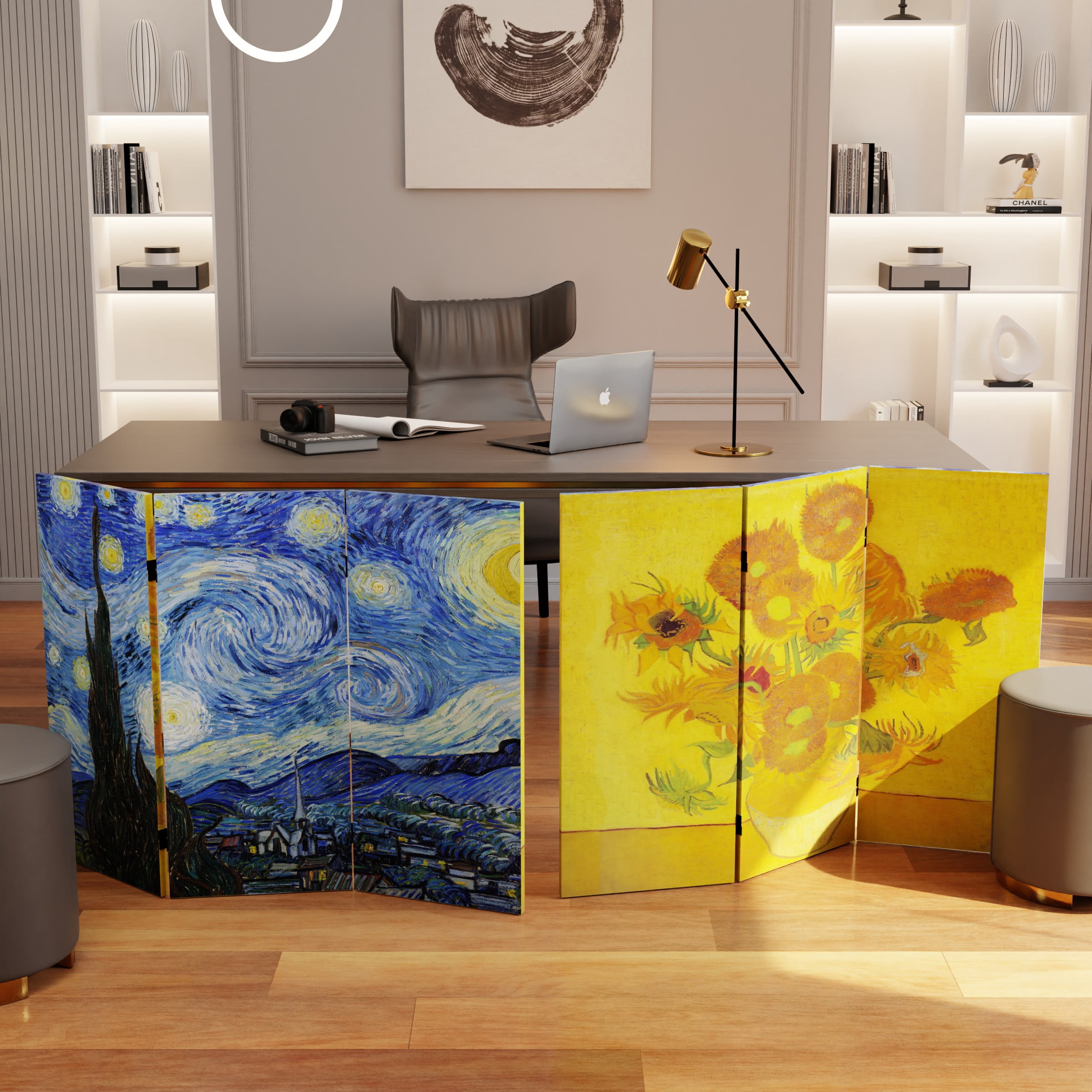 3 ft. Short Double Sided Works of Van Gogh Canvas Folding Screen - Starry Night/Sunflowers