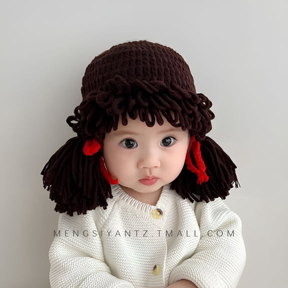 TELOLY Baby Girls Beanie Hat Braided Wigs Woolen Yarn Knitted Hat Pigtails Cap Clown Costume Cap Photo Prop for Kids Toddlers Newborn
