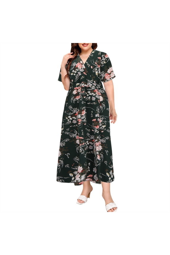 Floral Women's V-Neck Short Sleeve Midi Dress - Cotton Chiffon Summer 2025 Flow Style for Women Green 2XL