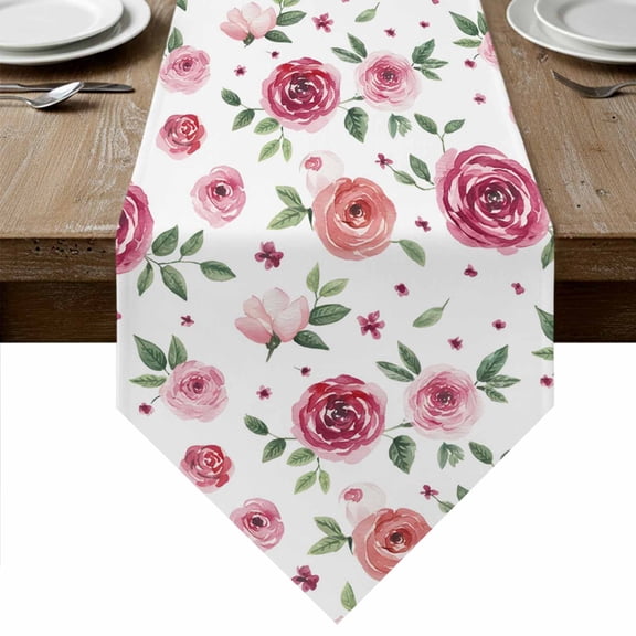 Table Runners 72 Inches Long, Pink Flowers Cotton Linen Kitchen Dining Coffee Table Runner for Party Home Decor, Simple Romantic Botanical Floral Leaves Tabletop Dresser Scarves Runner 14x72 Inch